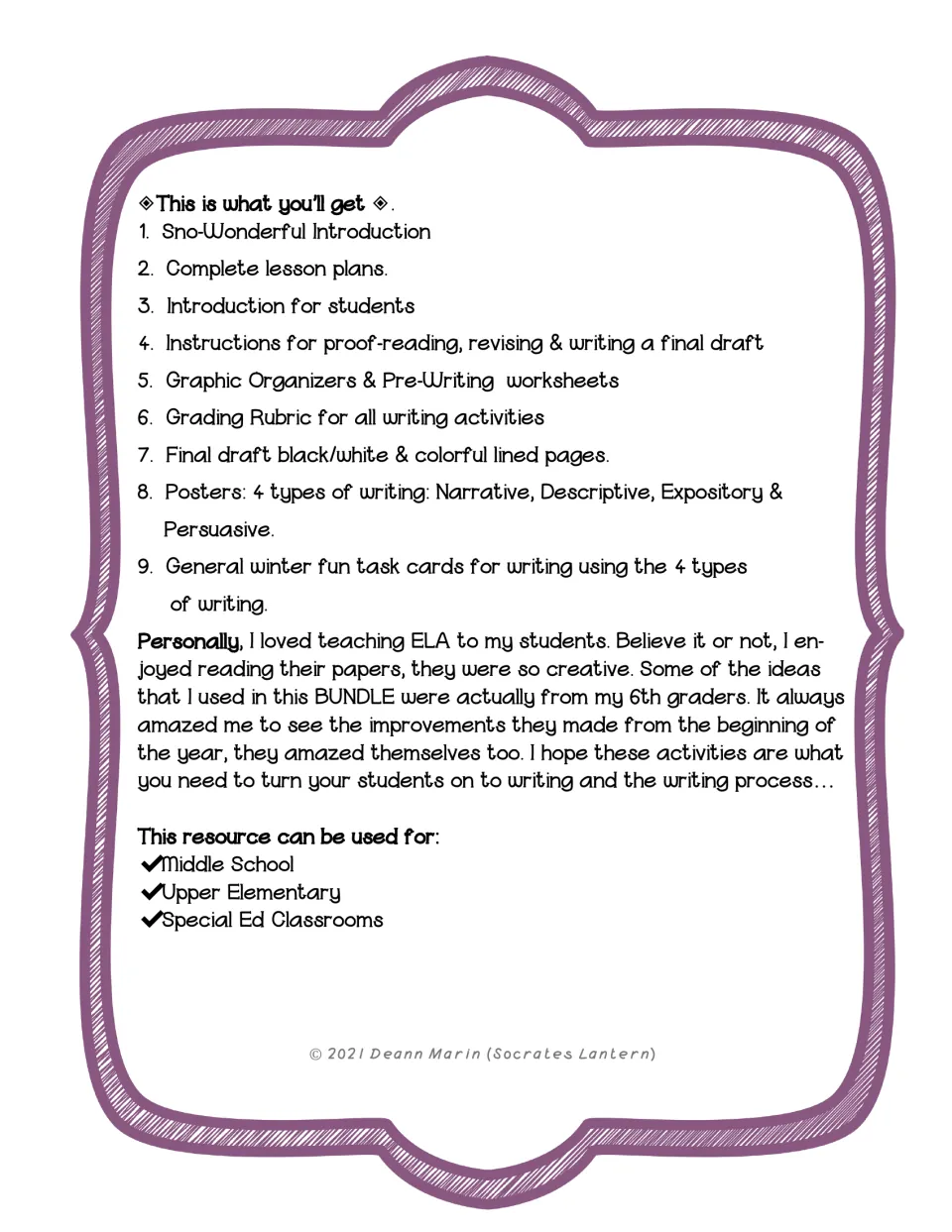 Contents list of nine included items, from lesson plans and proofreading steps to genre posters and winter task cards