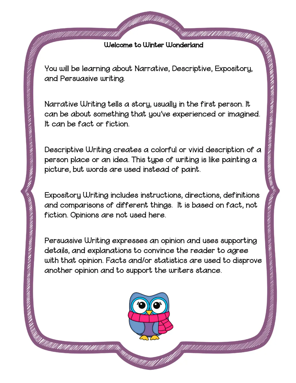 Welcome to Winter Wonderland: student introduction defining narrative, descriptive, expository and persuasive writing
