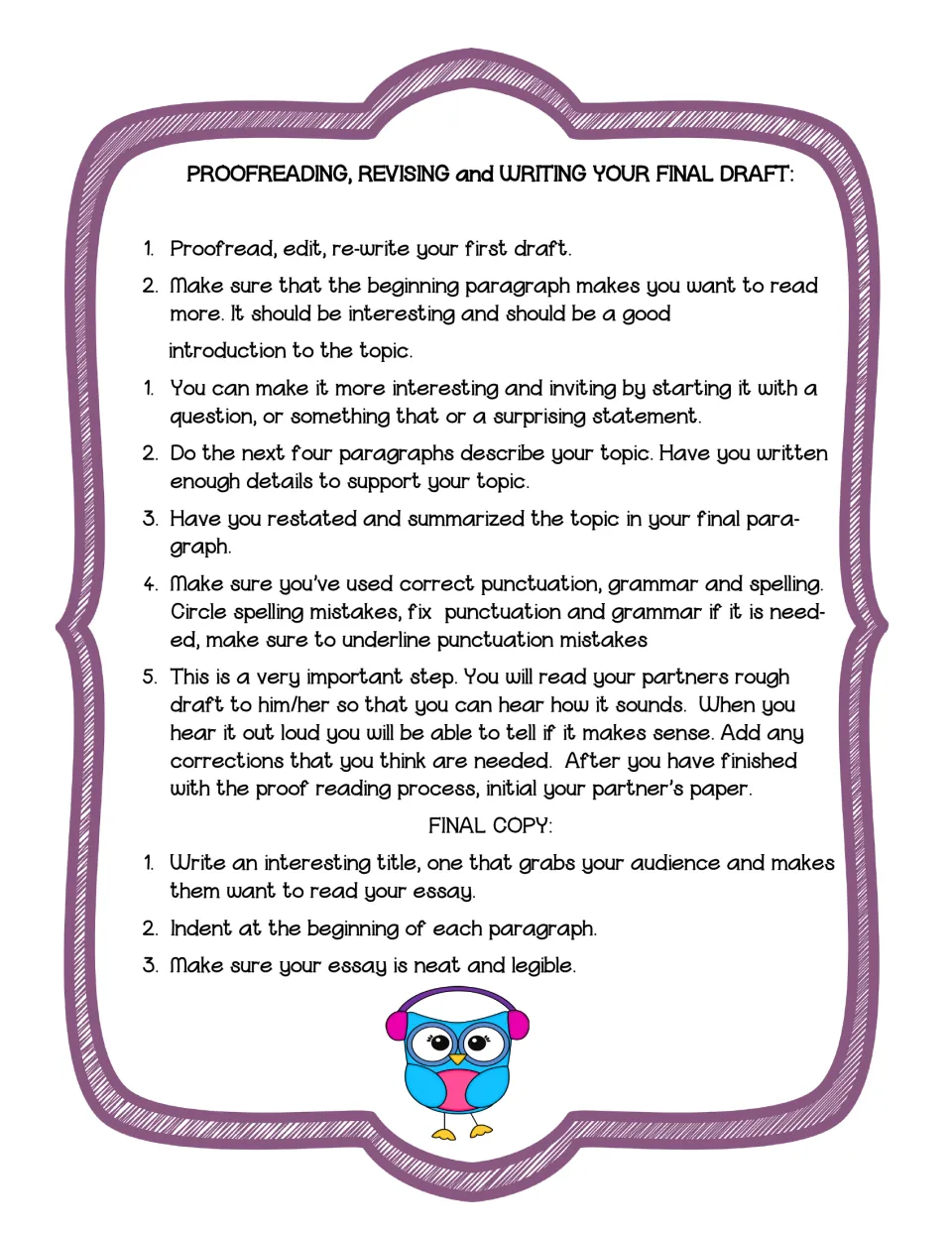Proofreading, revising and final draft steps: students check the opening, details, conclusion and mechanics with a partner