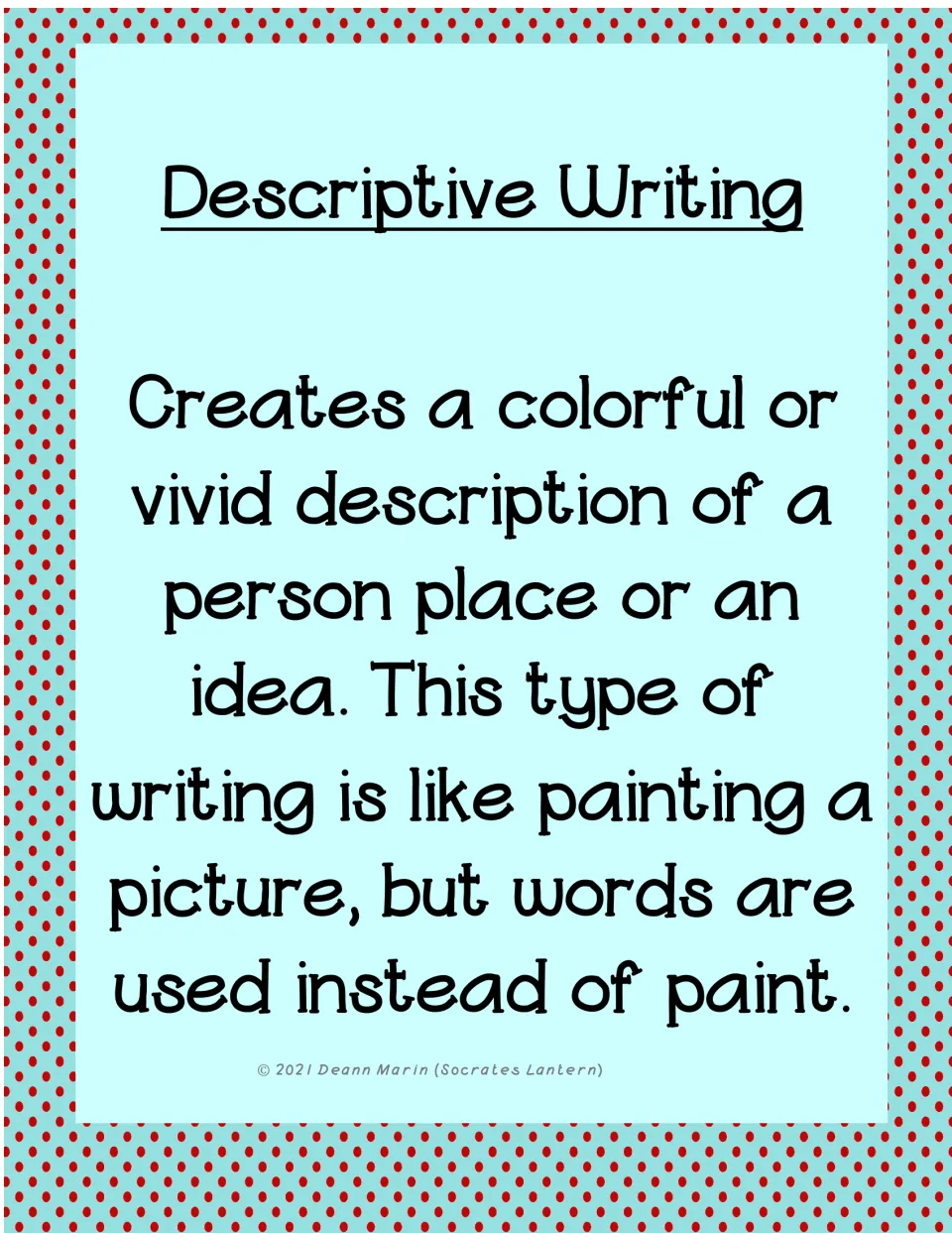 Descriptive Writing poster: creates a vivid description of a person, place or idea, like painting a picture with words