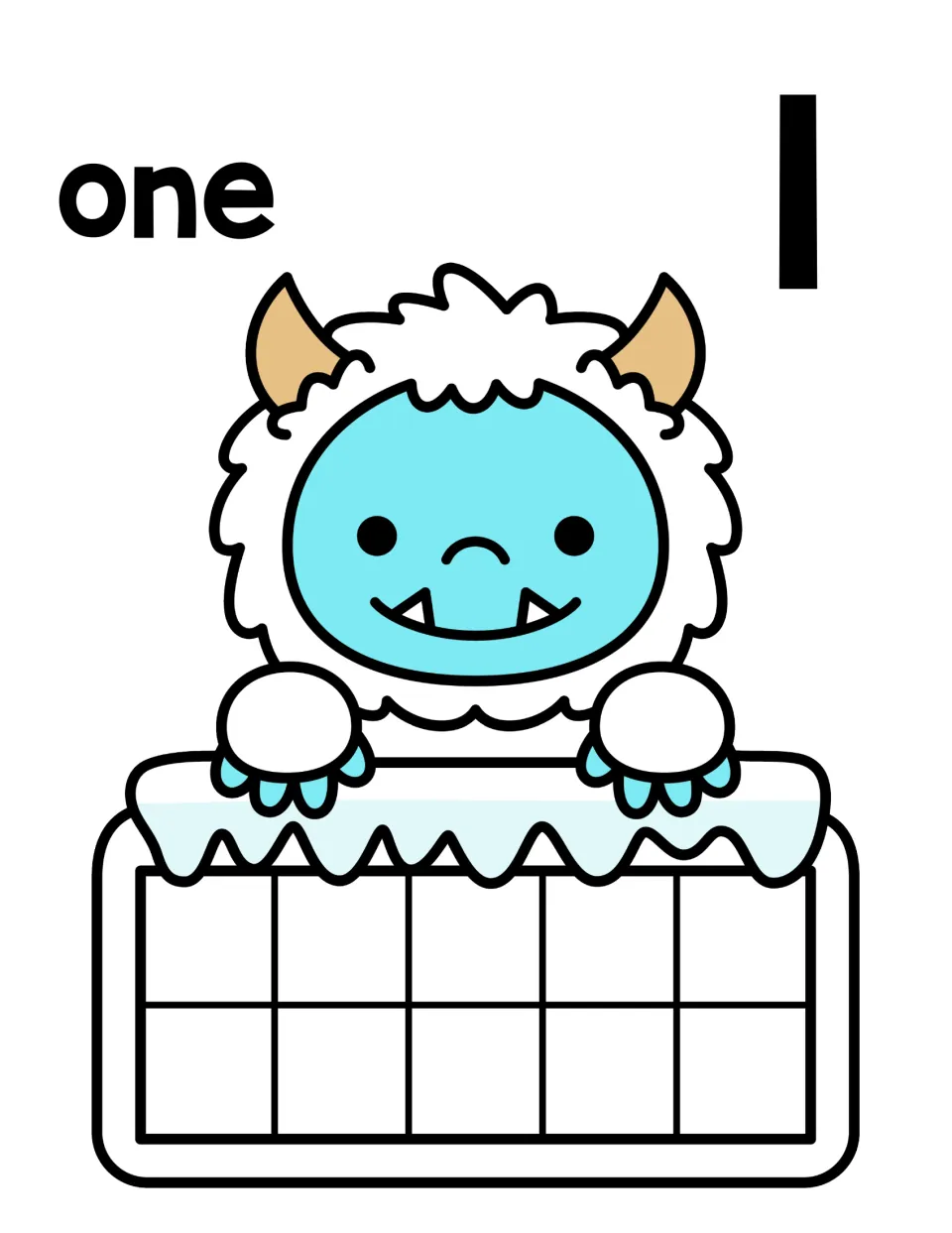 Number 1 counting mat: the word one and numeral 1 above a smiling yeti holding an empty ten frame to place 1 counter in