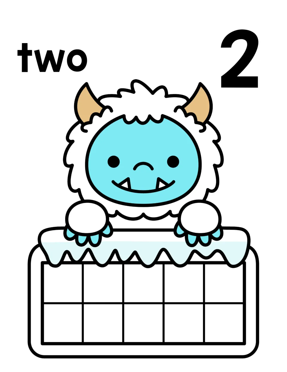 Number 2 counting mat showing the word two and numeral 2, with a yeti peeking over an empty ten frame for building two