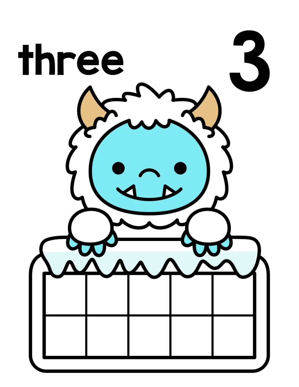 Number 3 mat: the word three and numeral 3 sit above a fuzzy yeti and an empty ten frame where students place 3 counters