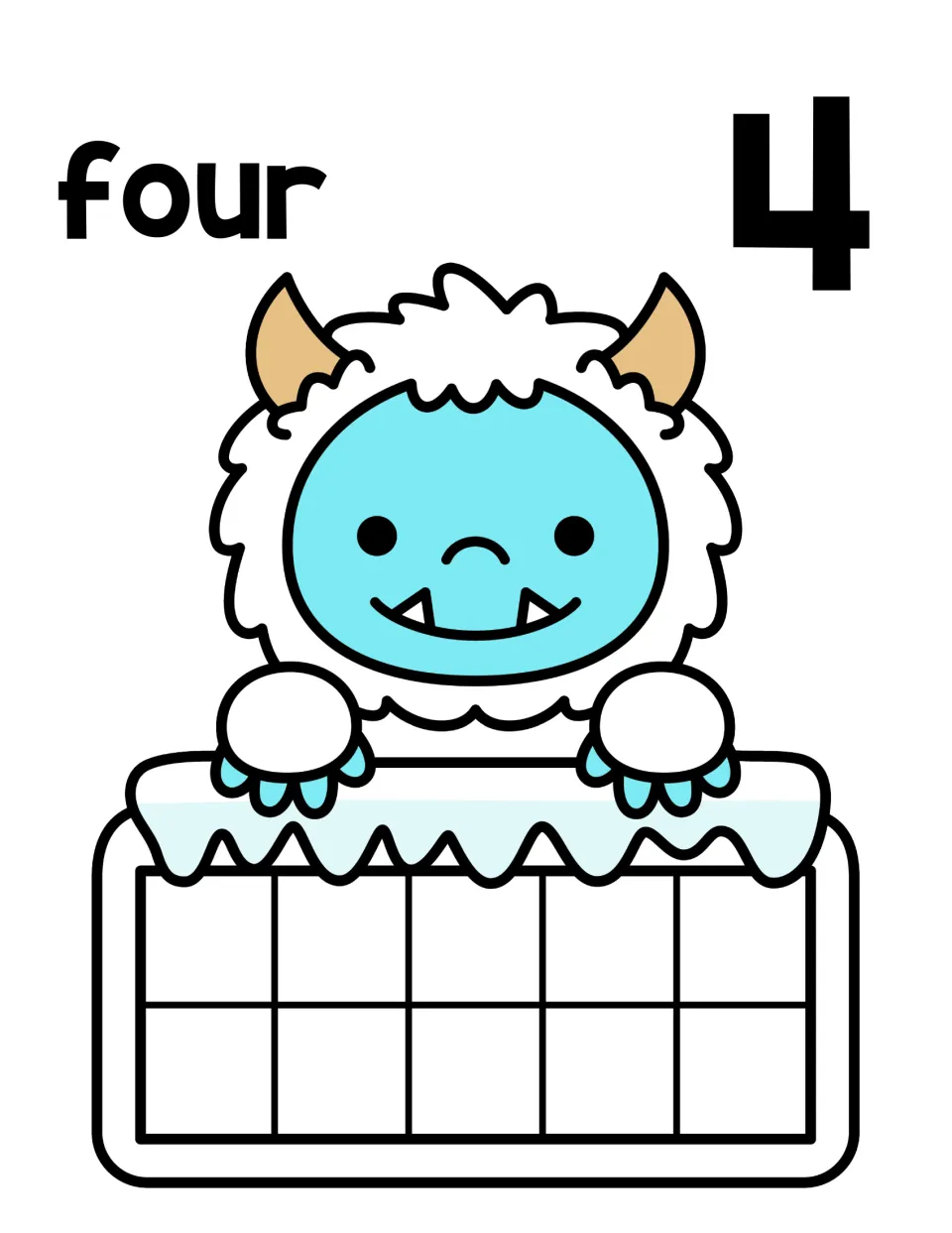 Counting to four: word four and numeral 4 with a blue-faced yeti over a snowy ten frame to fill with 4 objects