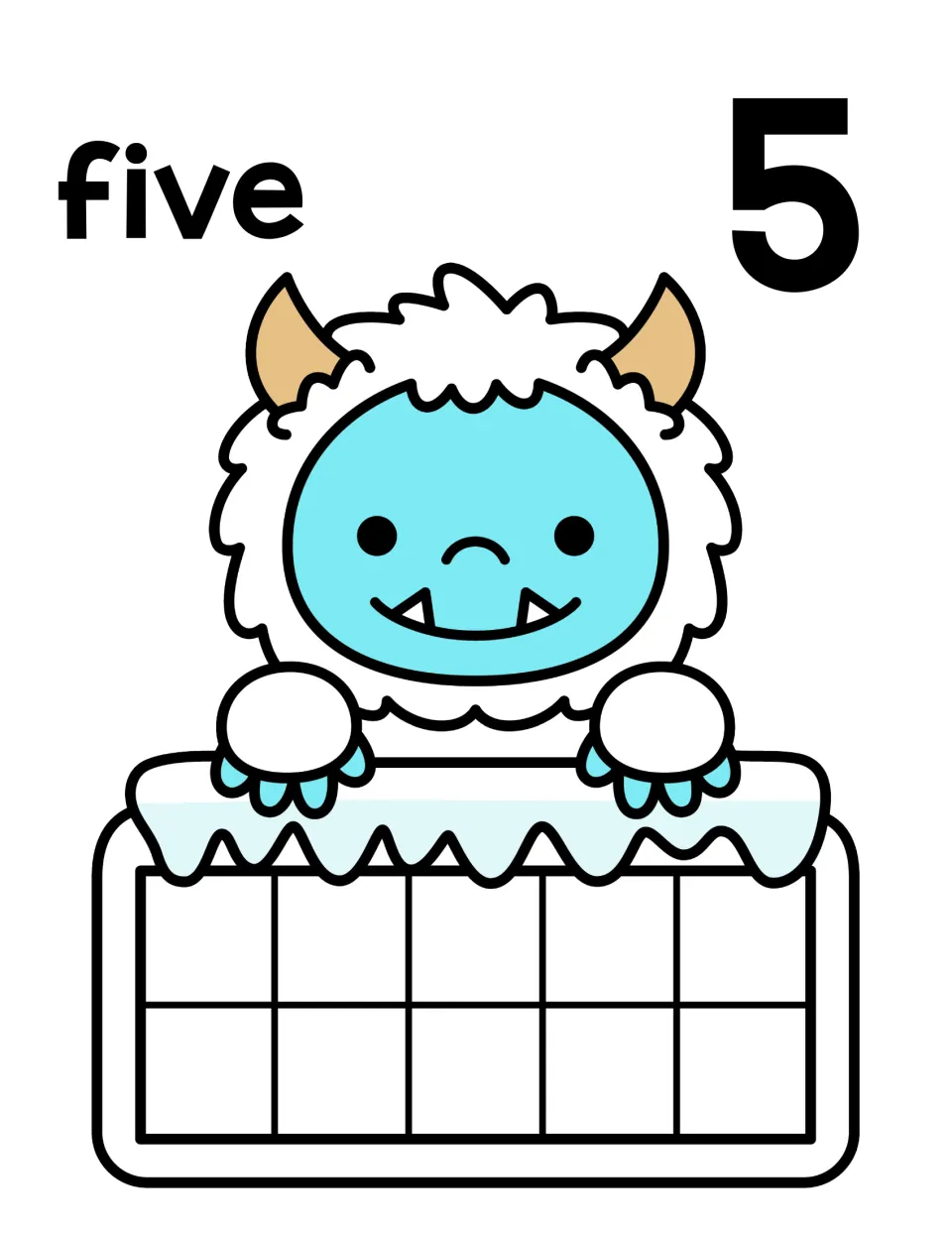 Number 5 counting mat: the word five and numeral 5 above a yeti and an empty ten frame, ready to fill one row of five