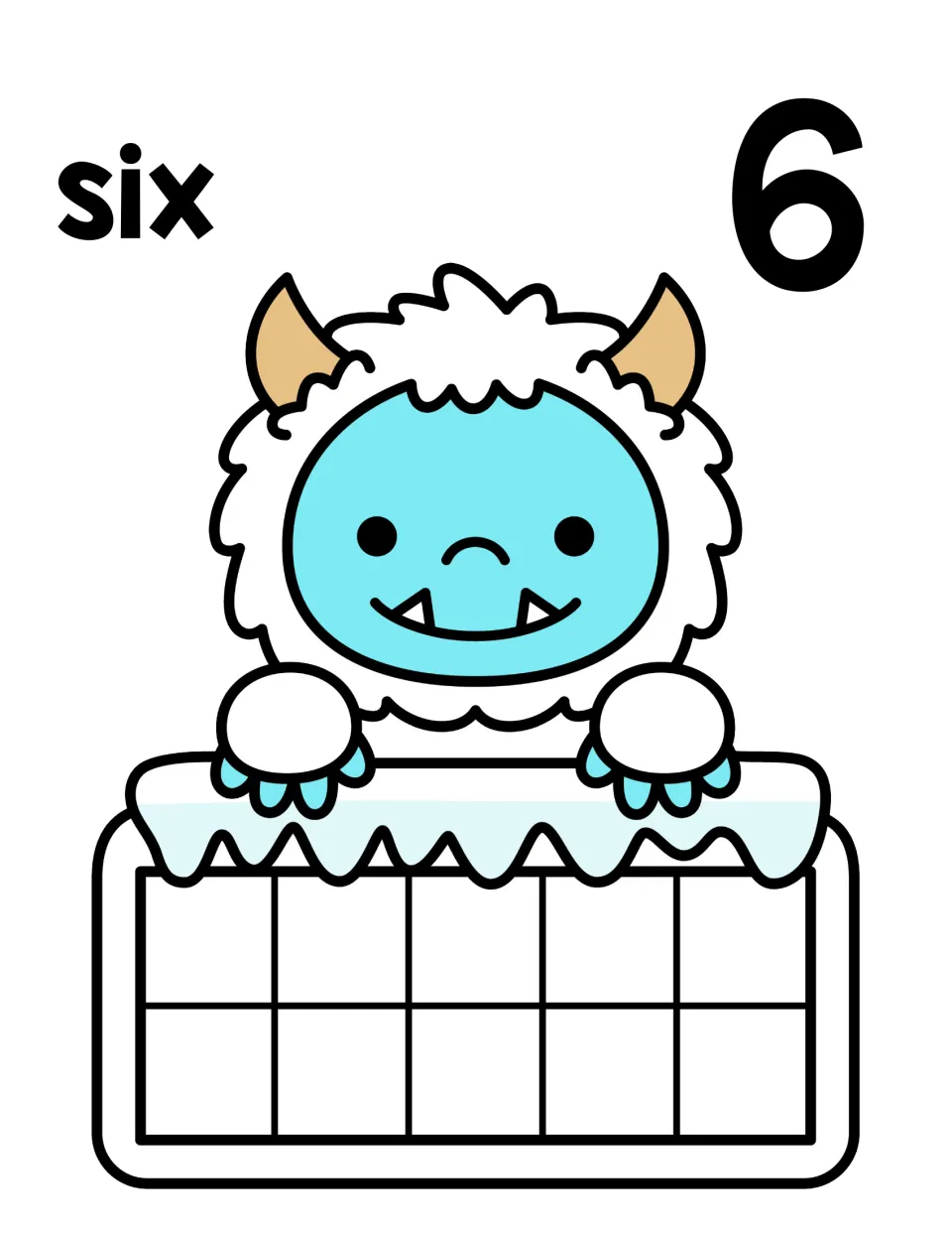 Showing six: the word six and numeral 6 head a mat where a winter yeti holds an empty ten frame to fill with 6