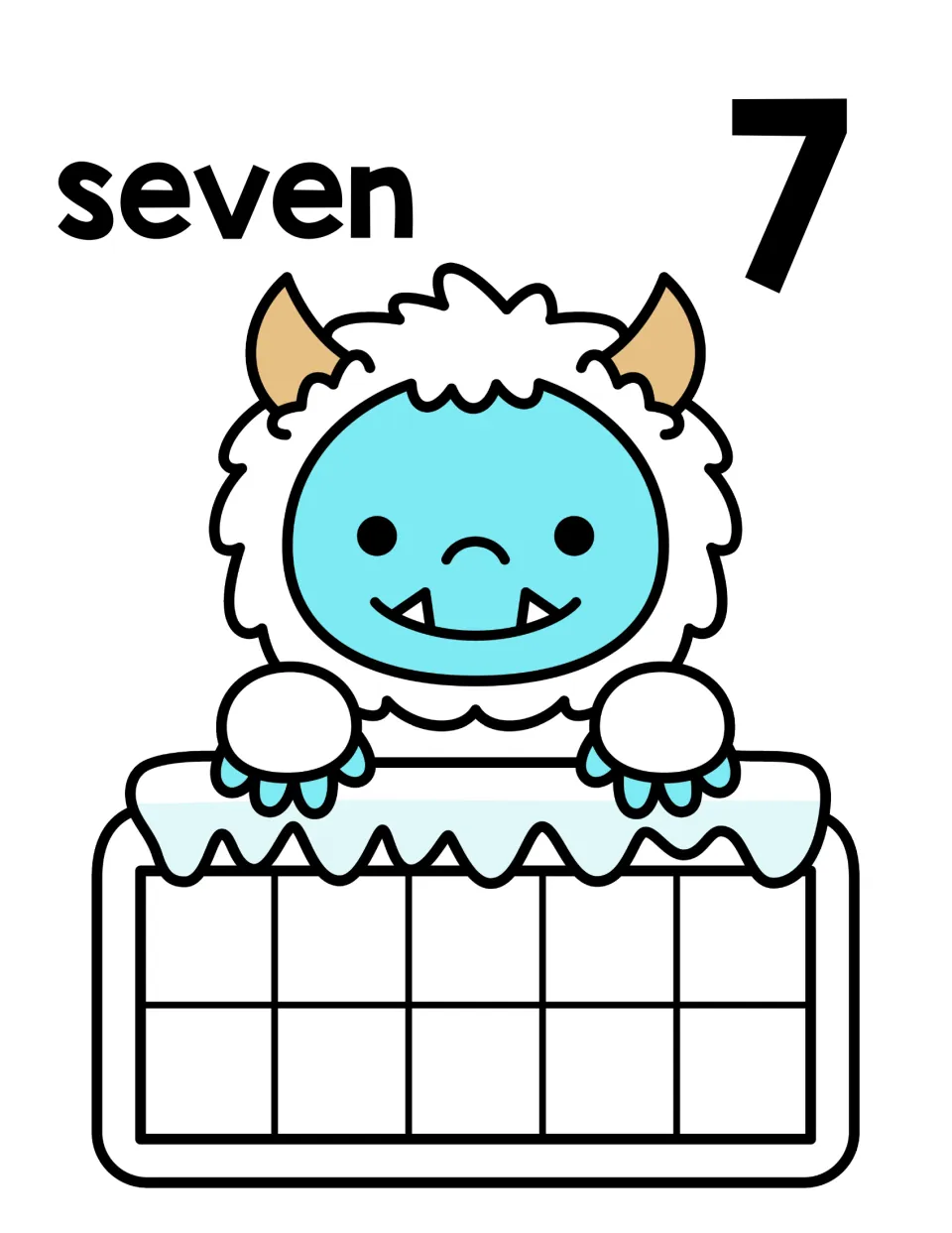 Seven counting mat with the number word seven and numeral 7, plus a yeti behind an empty ten frame for placing 7 counters