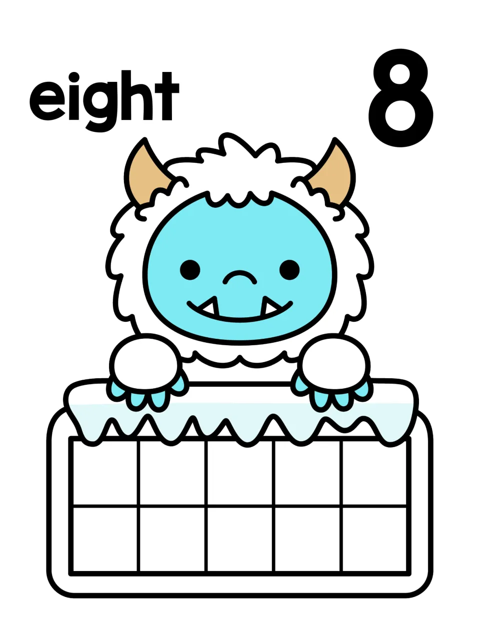 Number 8 mat: eight and numeral 8 printed above a yeti with an empty ten frame, where students build eight with counters