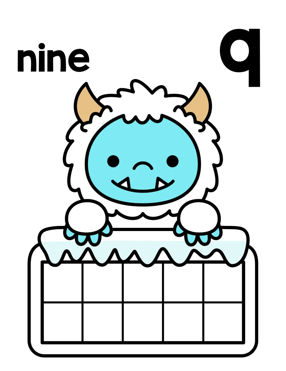 Counting nine: the word nine and numeral 9 shown with a cheerful yeti over an empty ten frame to fill with 9 counters