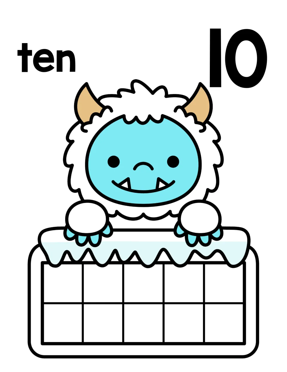Number 10 counting mat with the word ten and numeral 10 above a yeti holding an empty ten frame for filling every space