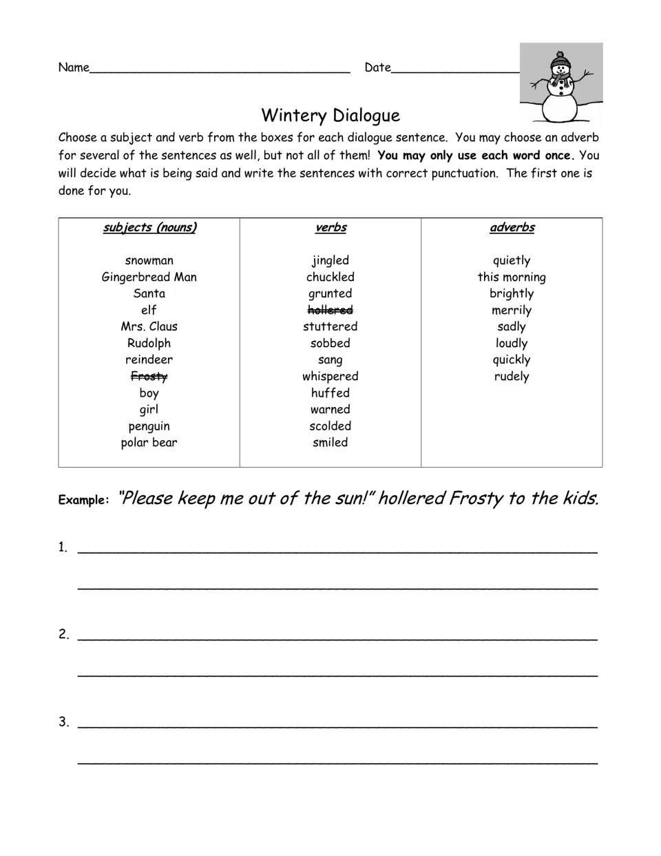 Dialogue punctuation: students pick a winter subject, verb and optional adverb from word lists to write quoted sentences