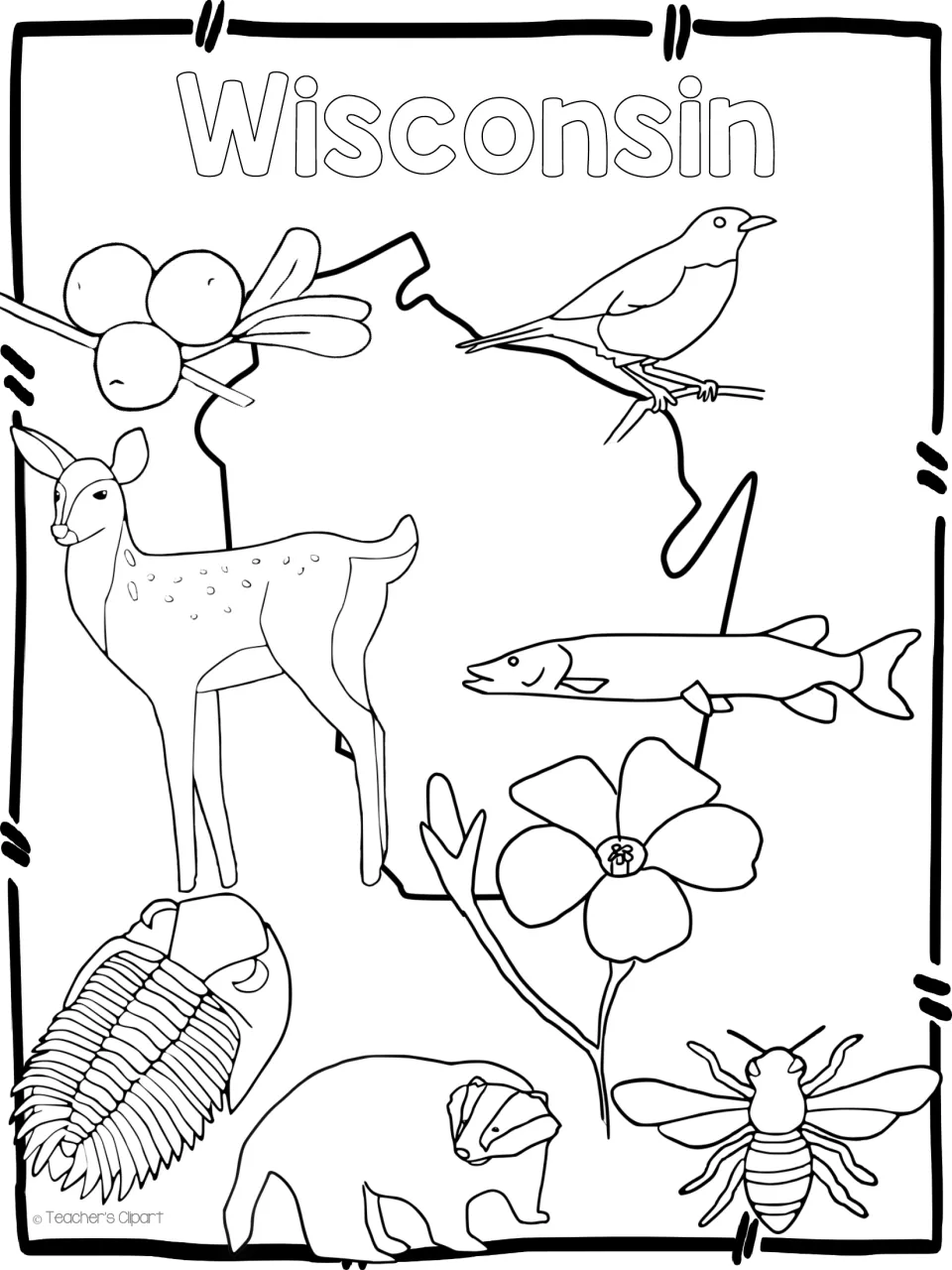 Wisconsin symbols colouring page: state outline with berries, bird, deer, fish, flower, trilobite, badger and bee