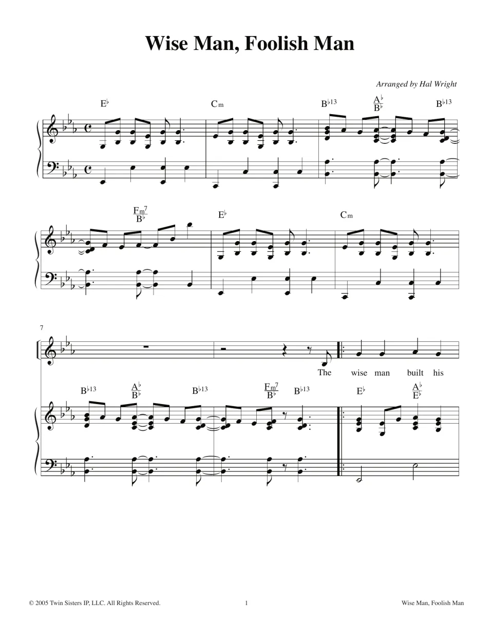 Piano-vocal score opening in E-flat: chorded intro, then the melody begins at bar 7 with "The wise man built his"