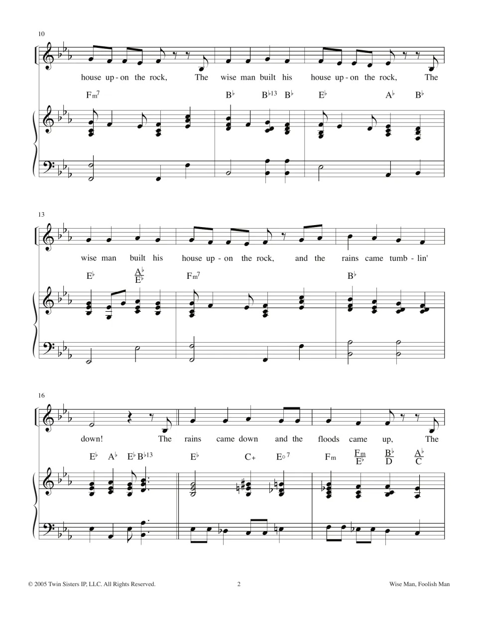 Bars 10-18 of the song: singers repeat "house upon the rock" lines, then "rains came tumblin' down" with chord symbols