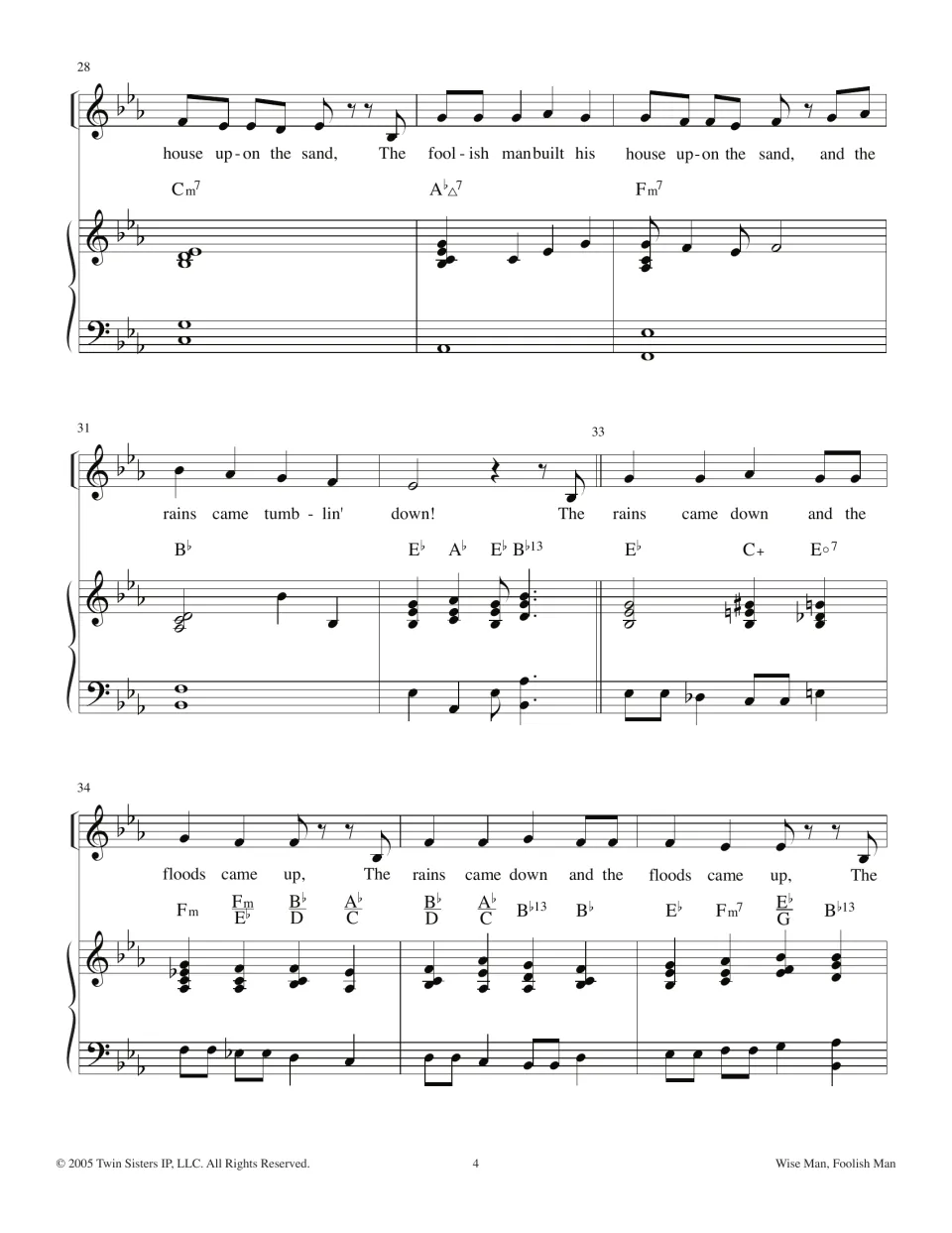 Bars 28-36: the foolish man builds on sand, then the rains came tumblin' down and floods came up lyrics repeat