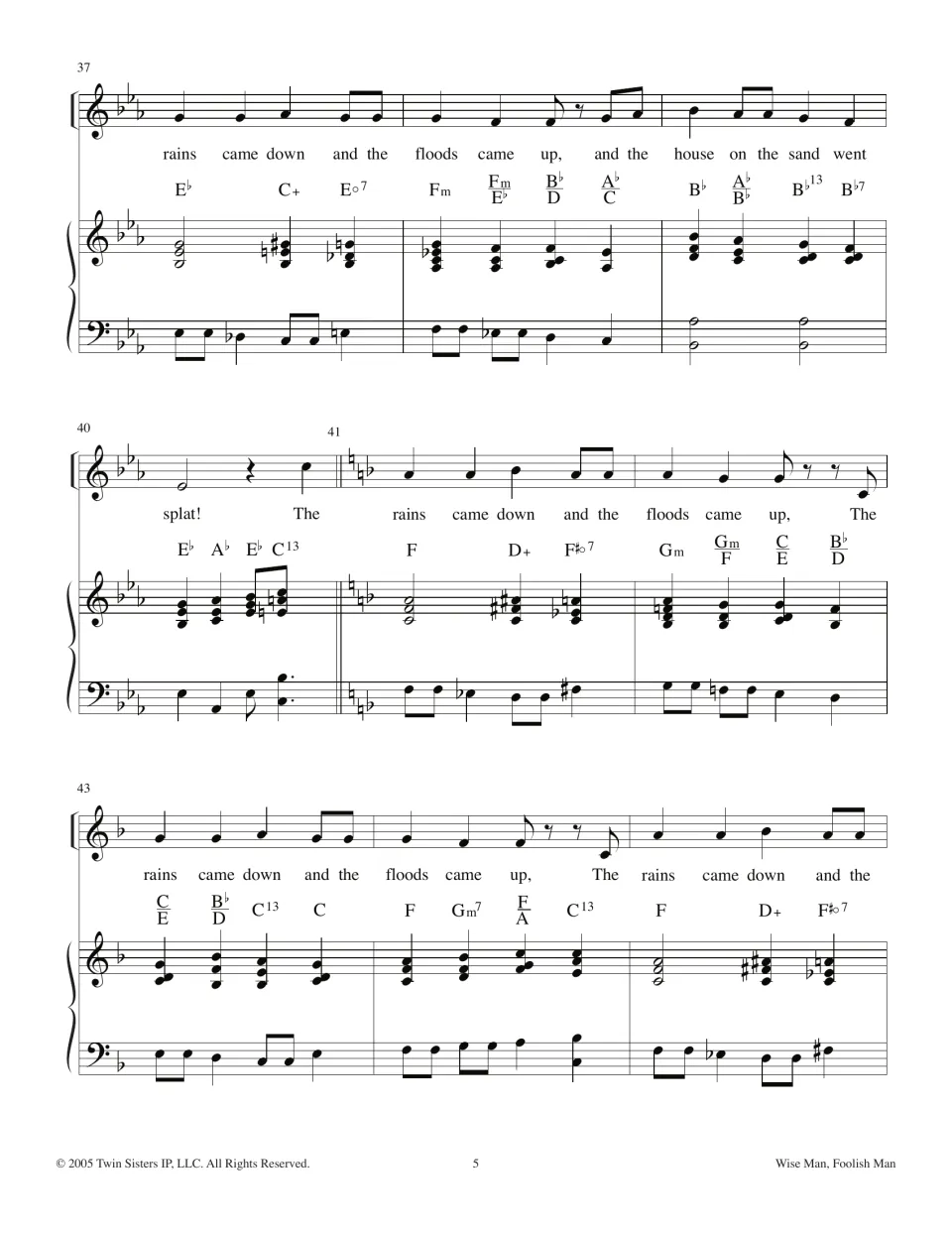 Bars 37-45: "the house on the sand went splat!" then the music modulates to F major for a final rains and floods refrain