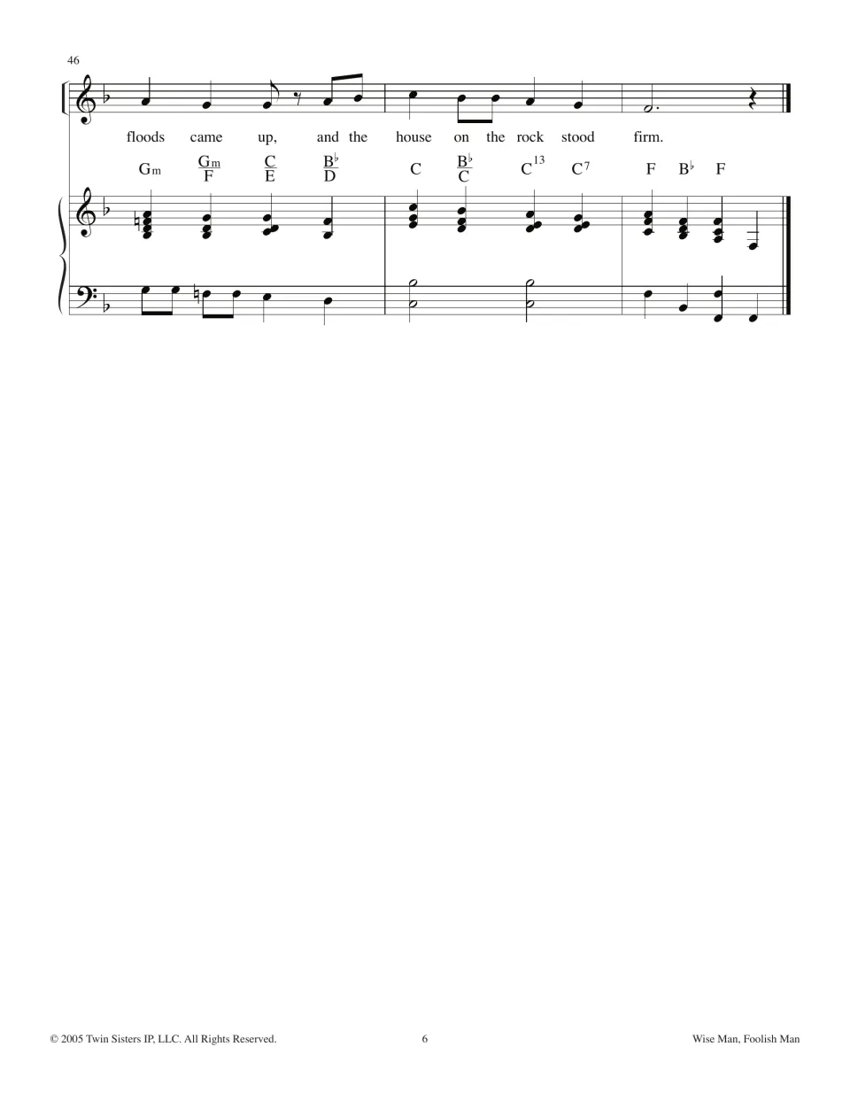 Final bars 46-48 in F major: singers close with "and the house on the rock stood firm" over a C7 to F piano cadence