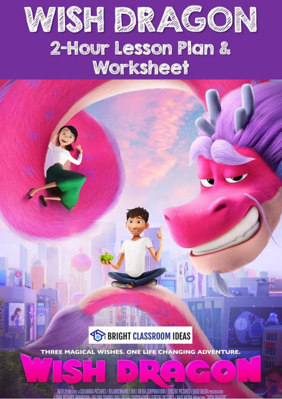 Cover of a 2-hour film lesson plan and worksheet, with poster art of a pink dragon, a boy with a teapot and a girl