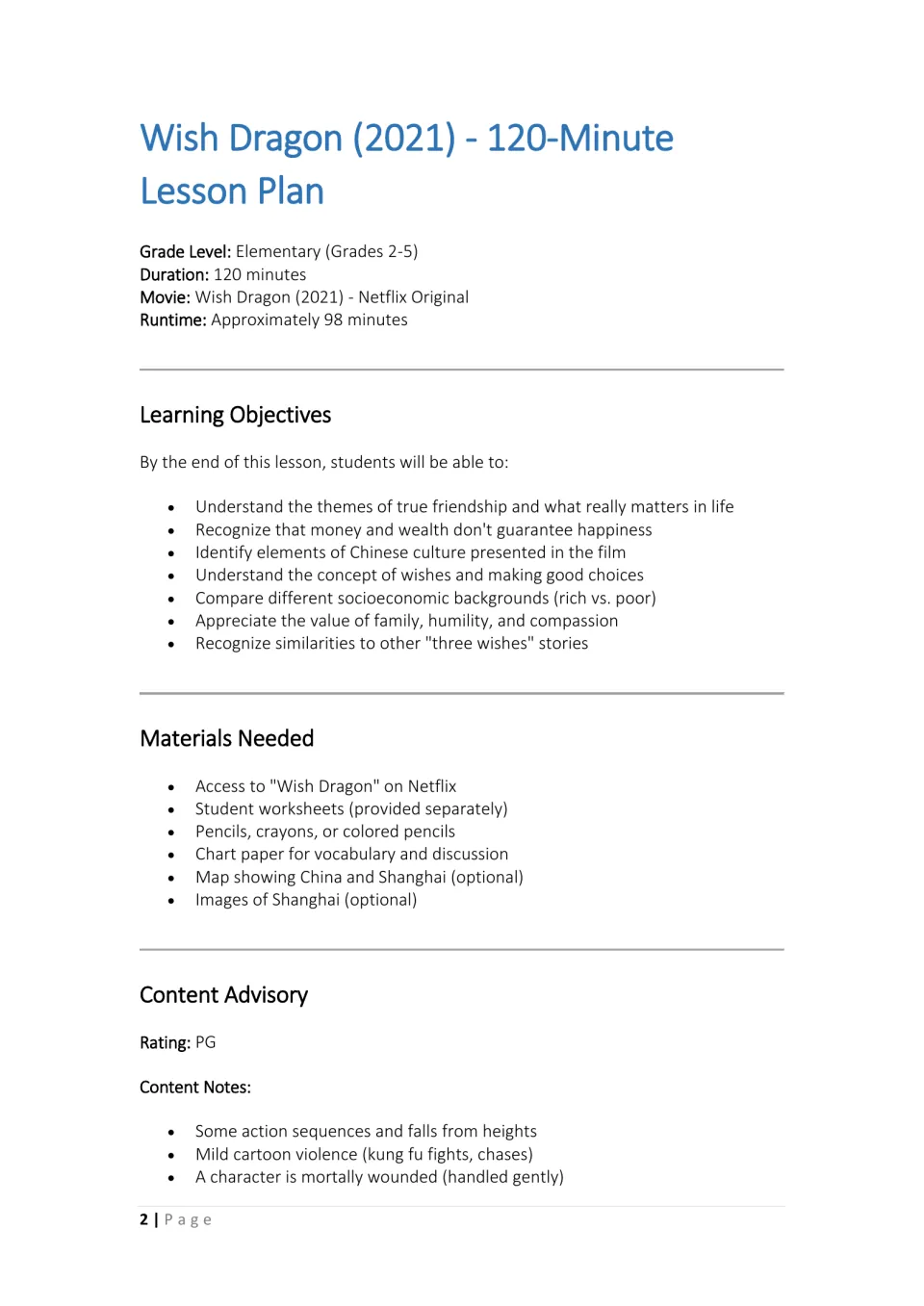 Lesson plan overview: grade range, 120-minute duration, learning objectives, materials list and PG content advisory notes