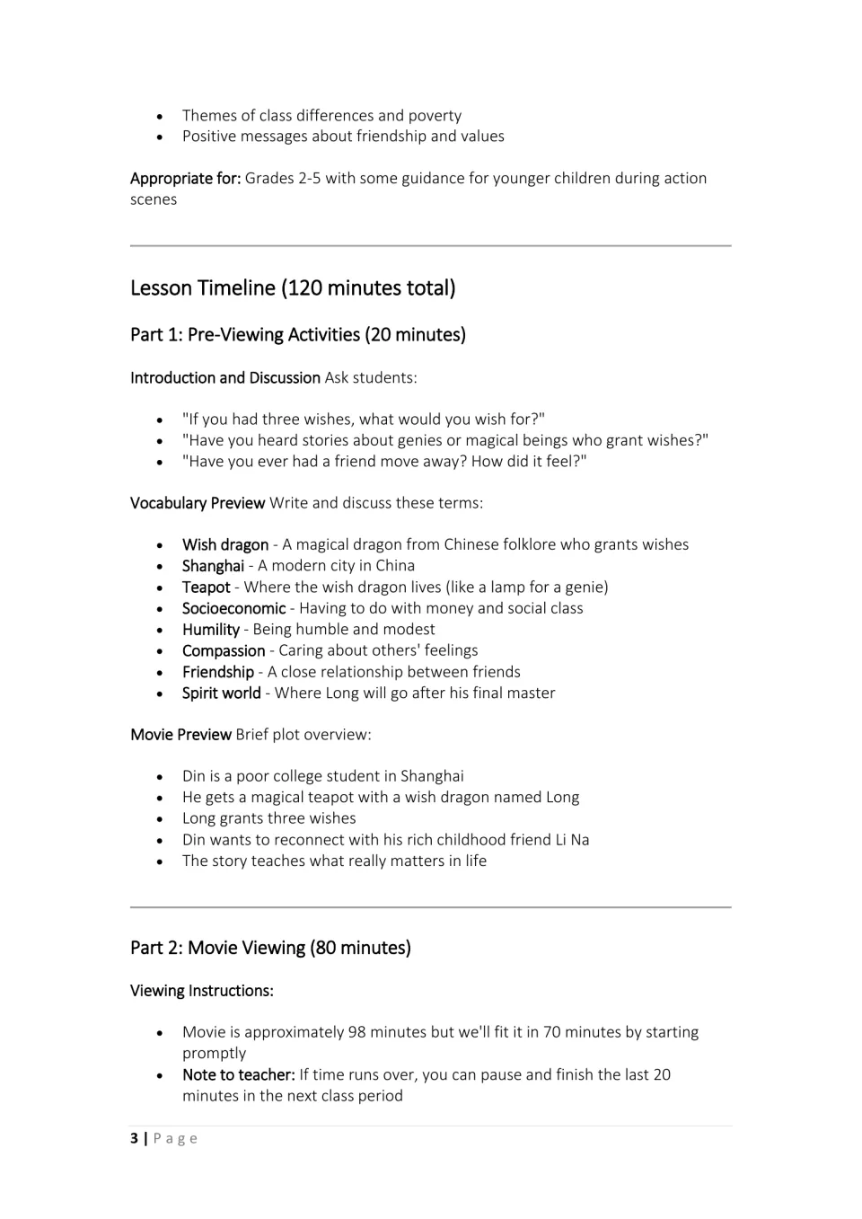 Lesson timeline, Part 1 pre-viewing: discussion questions, vocabulary preview terms and a plot overview before the movie