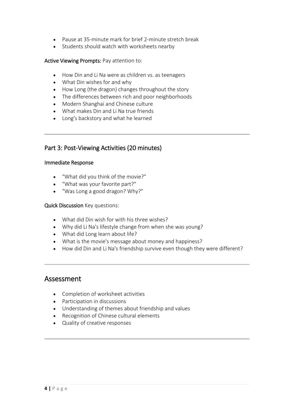 Viewing prompts and Part 3 post-viewing: what to watch for, discussion questions and assessment criteria for the film
