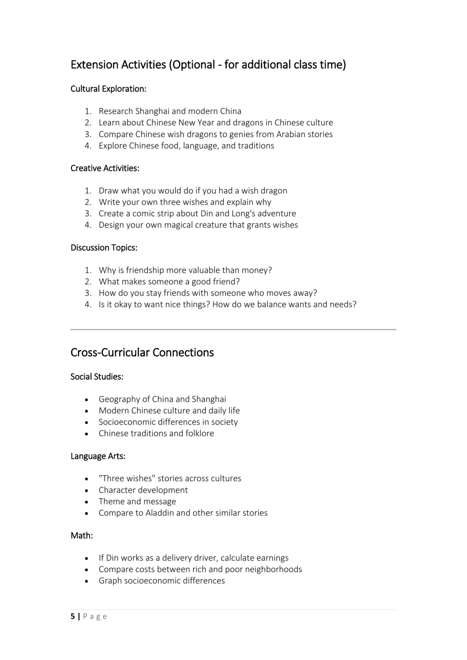 Optional extension activities in cultural exploration, creative and discussion topics, plus cross-curricular connections