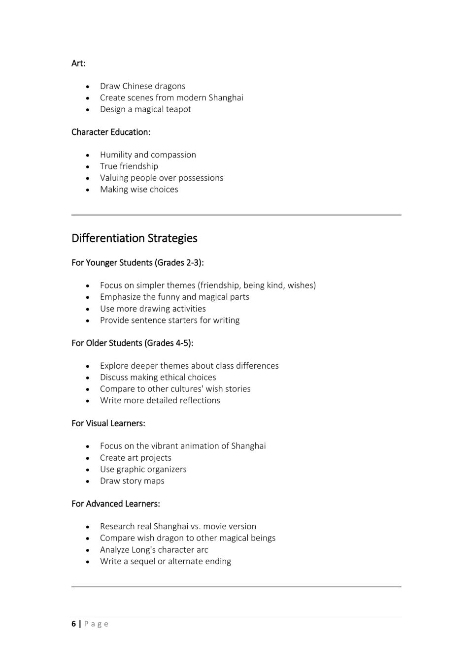 Art and character education ideas, then differentiation strategies for younger, older and advanced learners