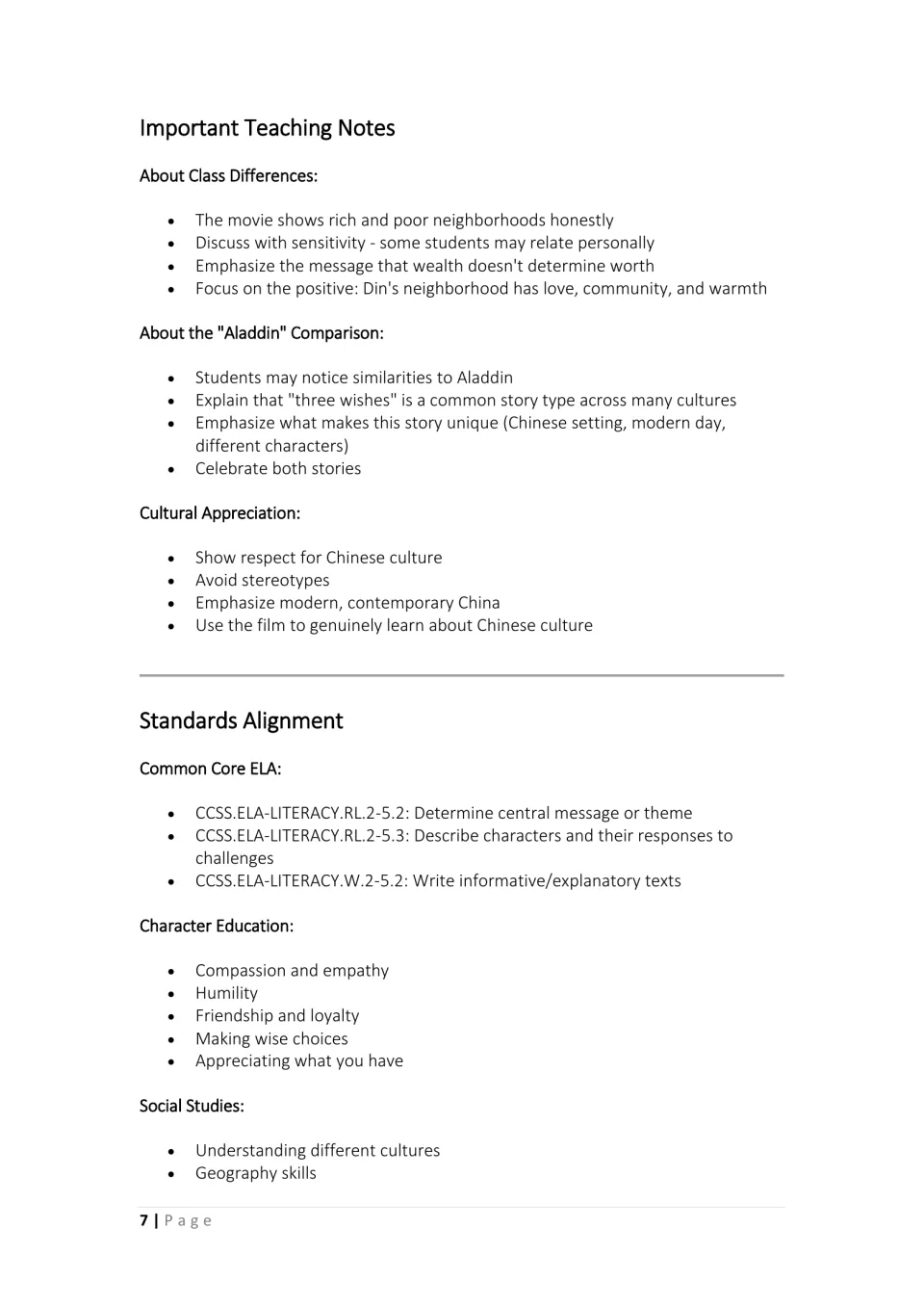 Teaching notes on class differences, the Aladdin comparison and cultural appreciation, with a standards alignment list