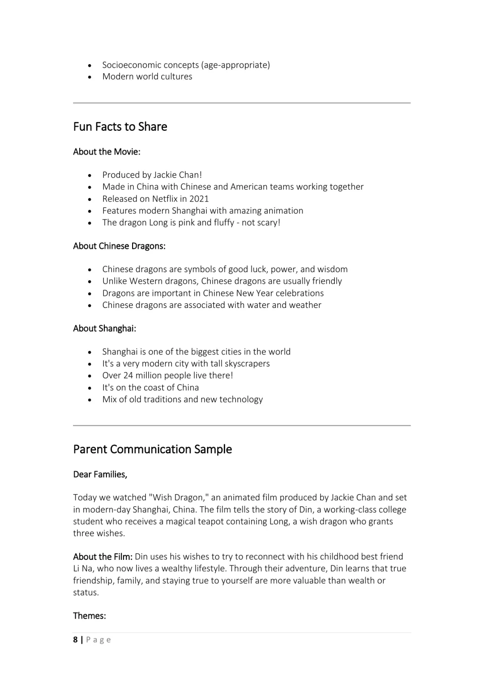Fun facts about the movie, Chinese dragons and Shanghai, and the start of a sample letter to families about the film