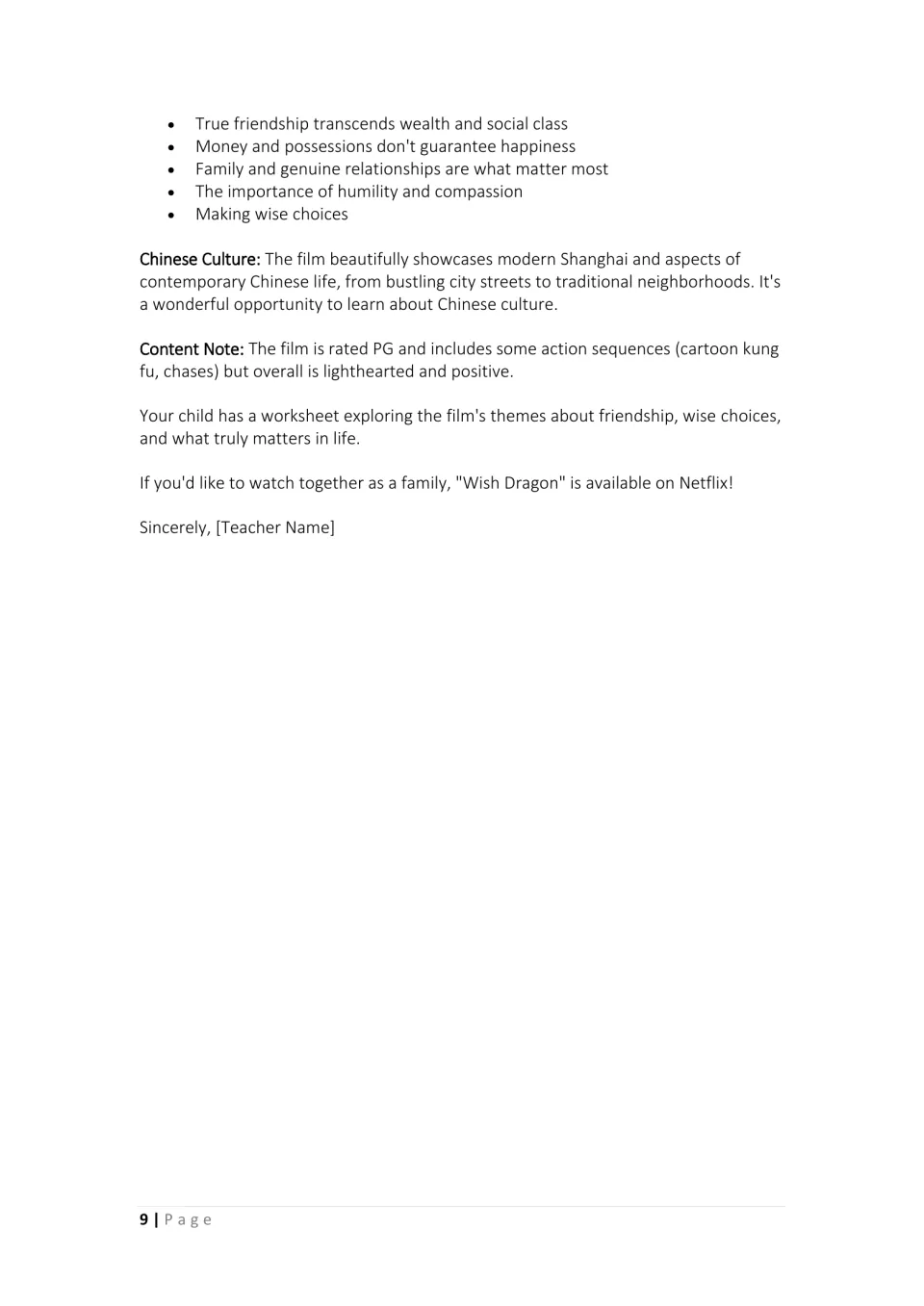 End of the sample family letter: themes, a Chinese culture note, a PG content note and a Netflix invitation