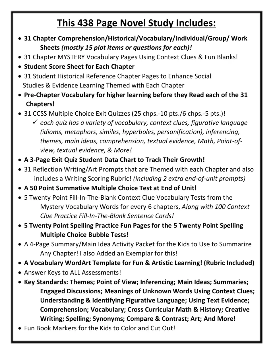 Contents list: 31 chapter worksheets, exit quizzes, vocabulary and spelling tests, writing prompts and answer keys