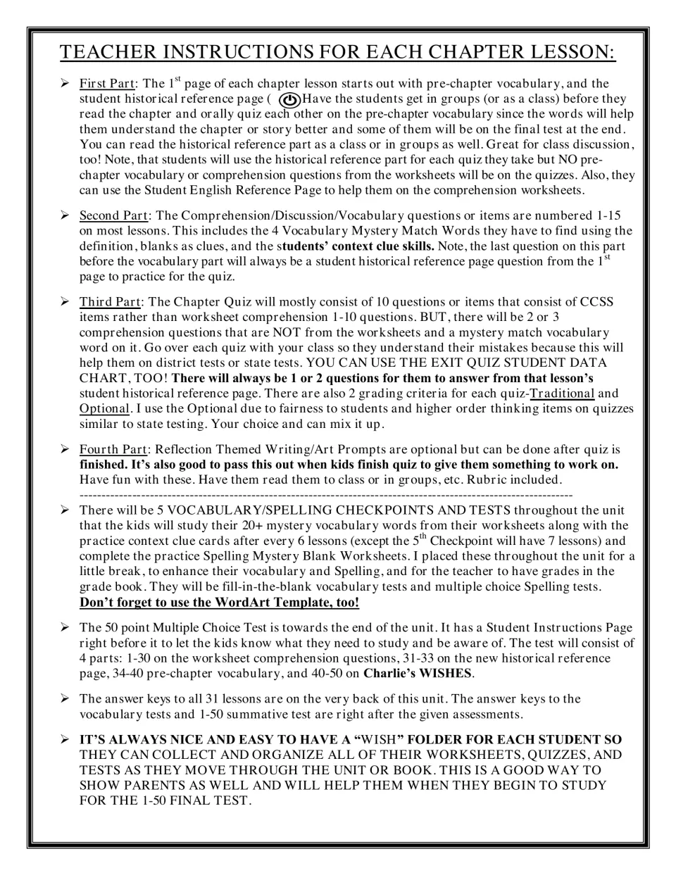 Teacher instructions for each chapter lesson: vocabulary, comprehension items 1-15, exit quiz and reflection prompt