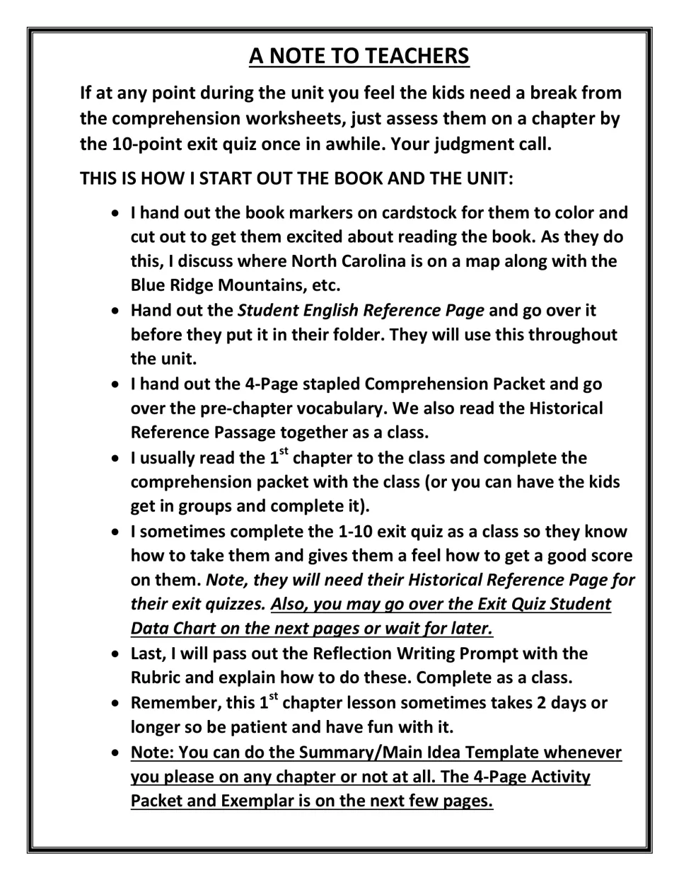 A note to teachers on starting the book: bookmarkers, reference page, first chapter read-aloud and a class exit quiz