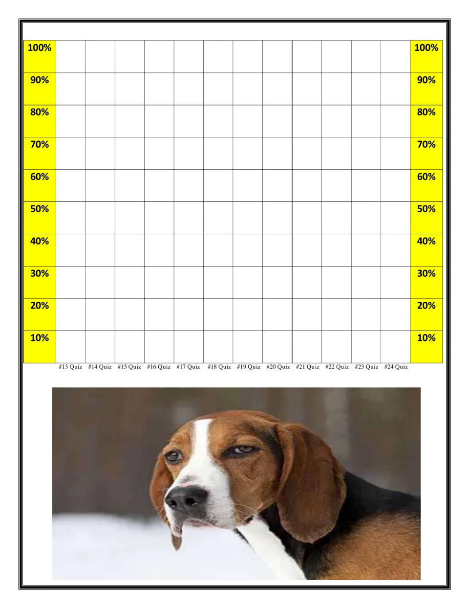 Exit quiz data chart continued: percentage bars from 10% to 100% for students to colour for quizzes 13 to 24