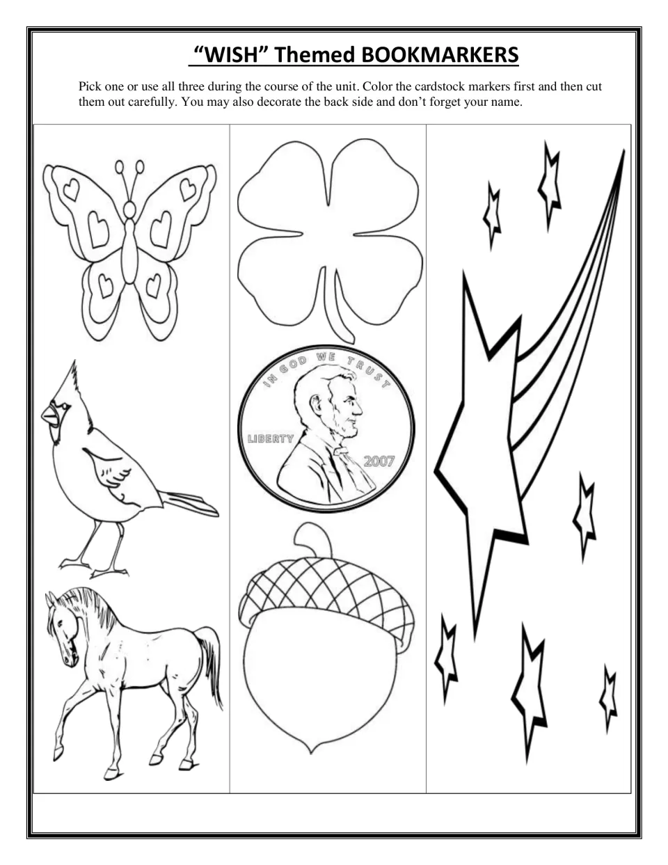 Wish-themed bookmarkers to colour and cut out: butterfly, cardinal, horse, clover, penny, acorn and shooting star