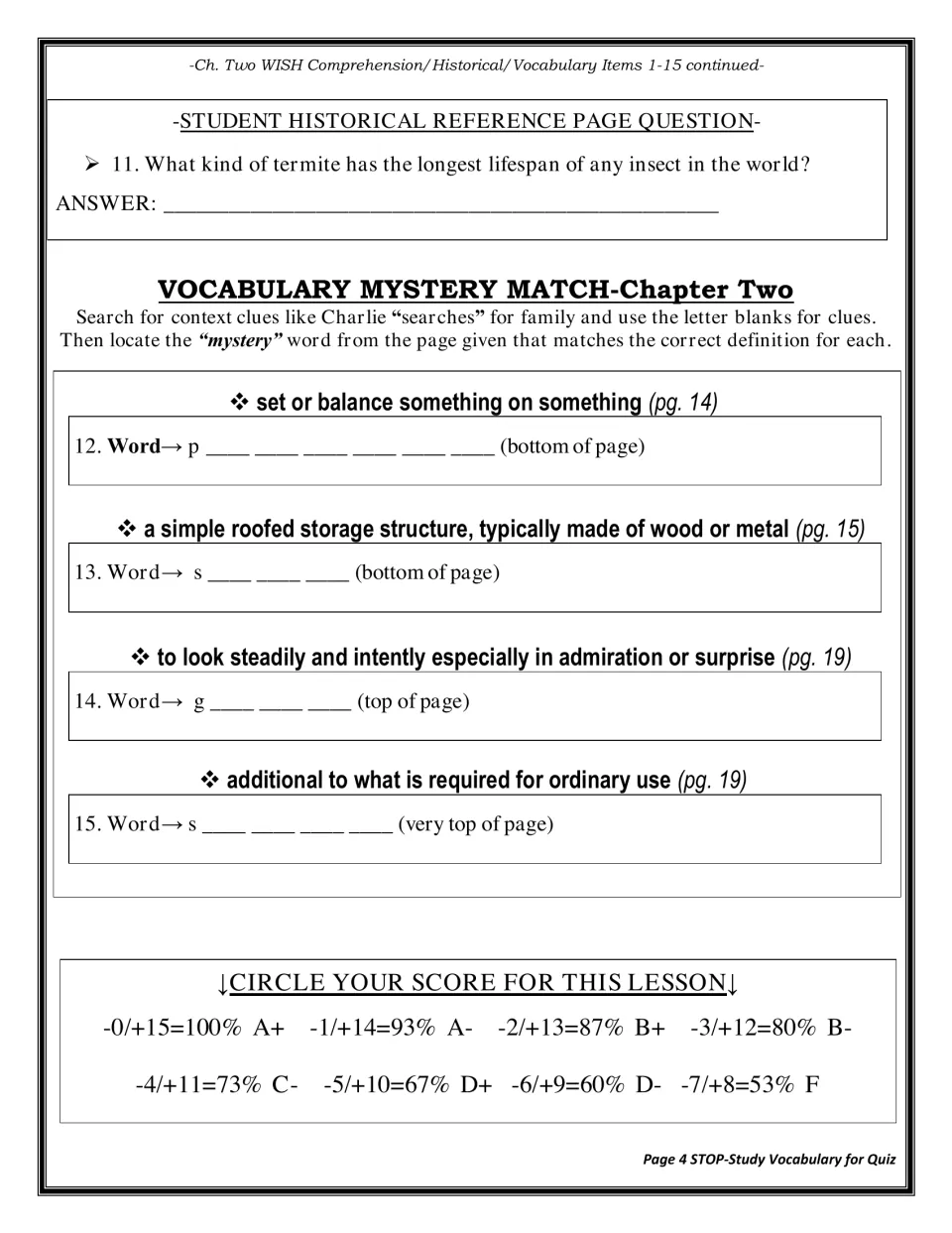 Chapter Two vocabulary mystery match: students use definitions, page clues and letter blanks to find four words