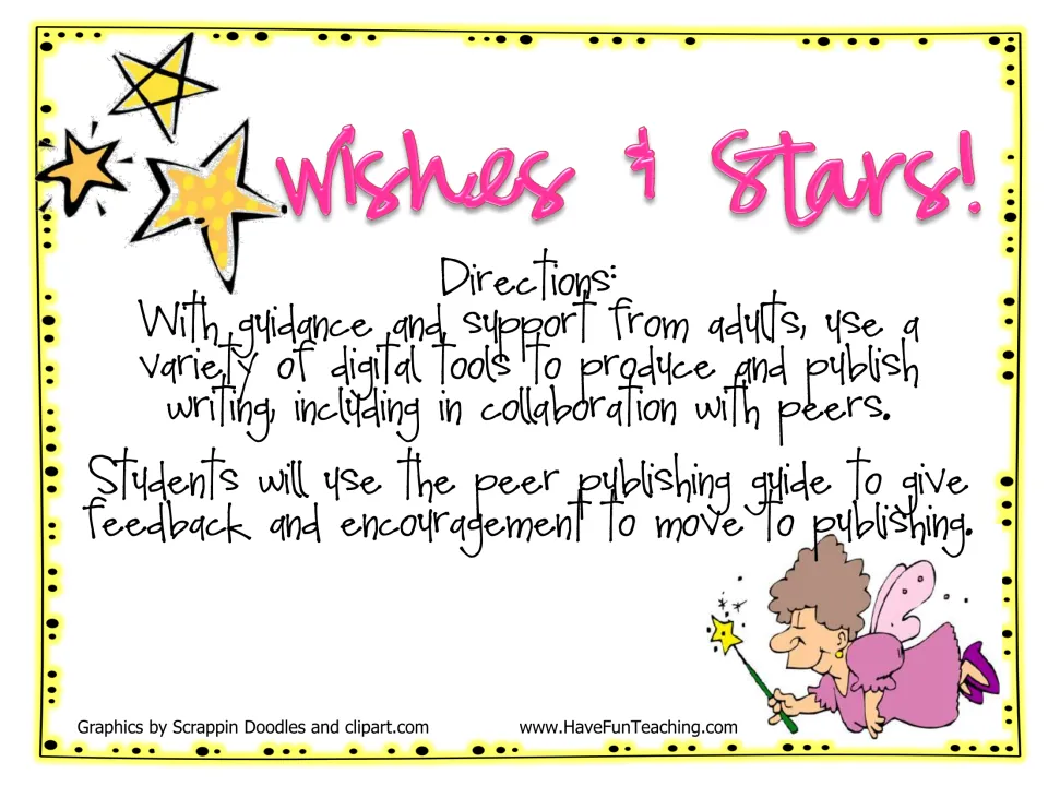 Wishes & Stars! title page with directions: students use a peer publishing guide to give feedback before publishing