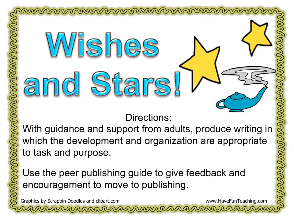 Wishes and Stars! title page with directions: students write, then use a peer publishing guide to give feedback