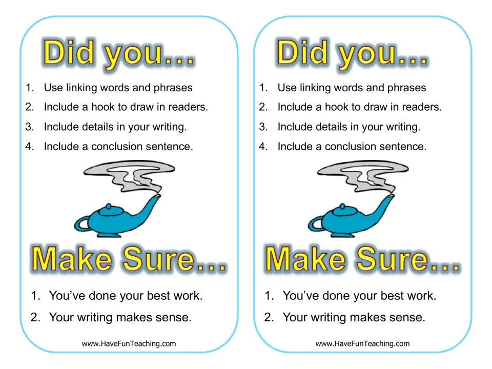 Revision checklist cards: students check for linking words, a hook, details, a conclusion and writing that makes sense