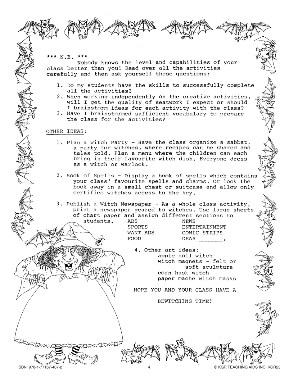 Teacher planning page adds readiness questions and ideas for a witch party, spell book, newspaper, and art.