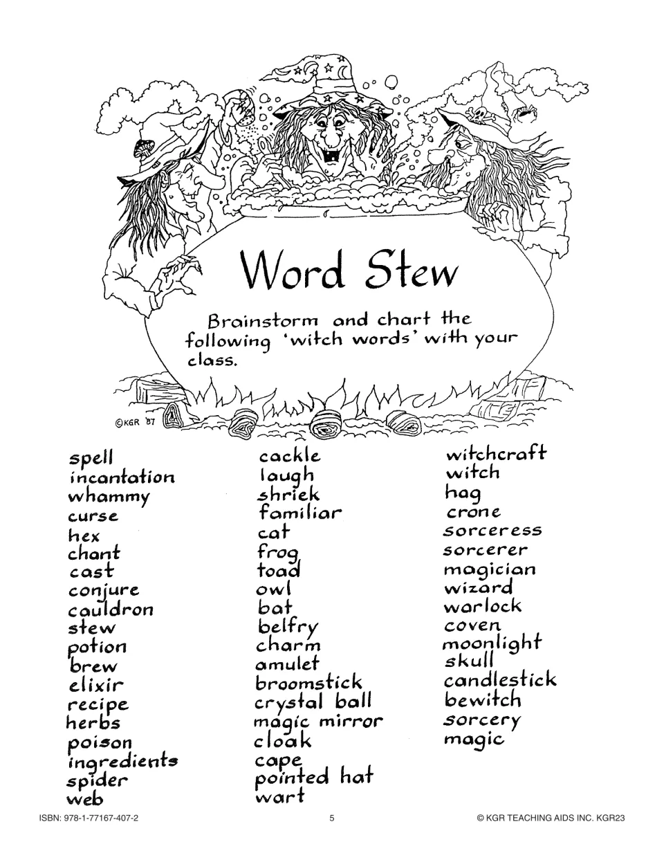 Word Stew vocabulary page asks the class to brainstorm witch words, including incantation, cauldron, and coven.
