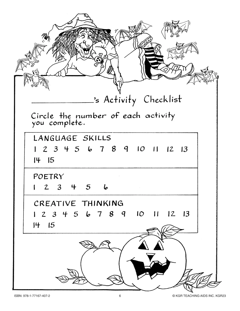 Student activity checklist tracks 15 language skills, 6 poetry, and 15 creative thinking activities in the unit.