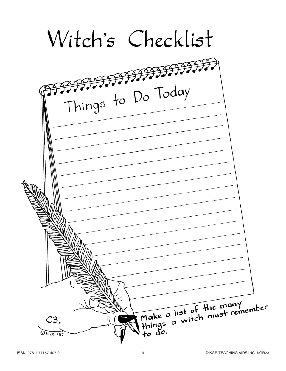 Creative thinking activity C3, Witch’s Checklist, asks students to list things a witch must remember to do.