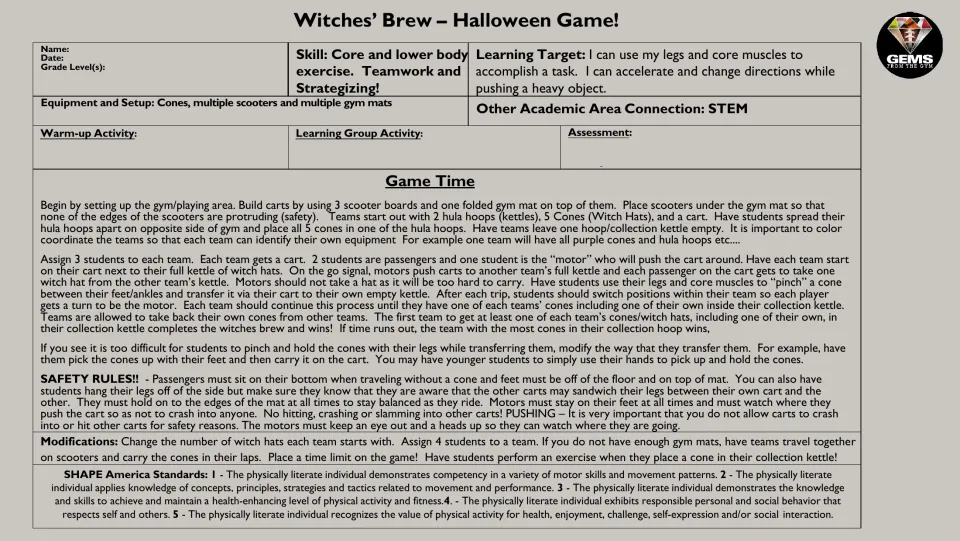 Halloween PE game instructions for moving cone witch hats on scooter carts, with safety rules and modifications