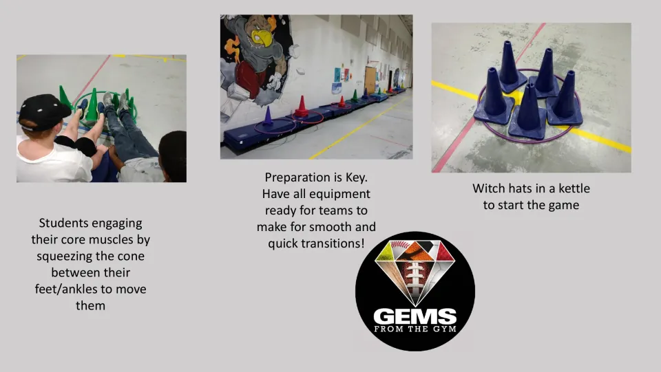 Halloween PE game photo guide showing students gripping cones with their feet, prepared carts, and a kettle
