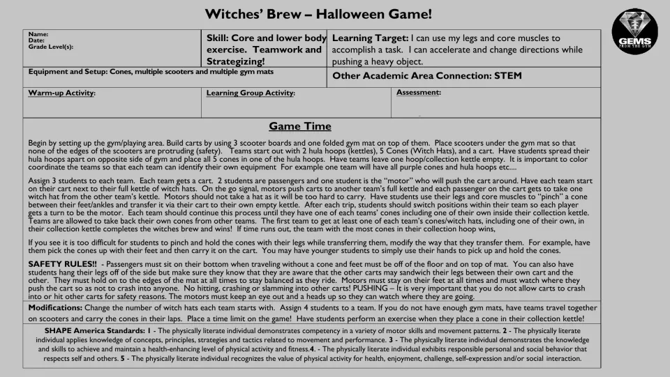 Black-and-white Halloween PE game instructions covering scooter cart play, safety rules, and modifications