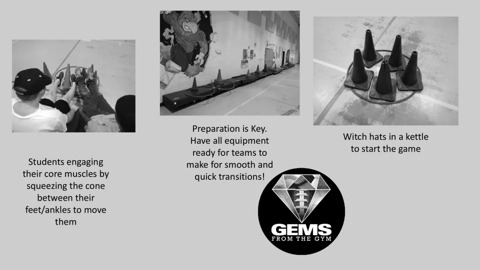 Black-and-white Halloween PE game photo guide showing foot-held cones, prepared carts, and cones in a hoop