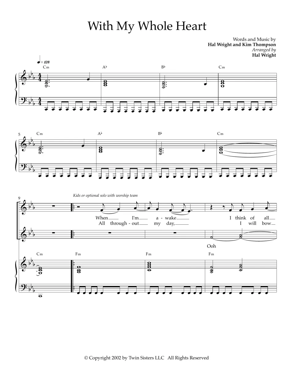 Song opening in C minor: piano intro at 128 bpm, then a verse for kids or solo voice beginning "When I'm awake"