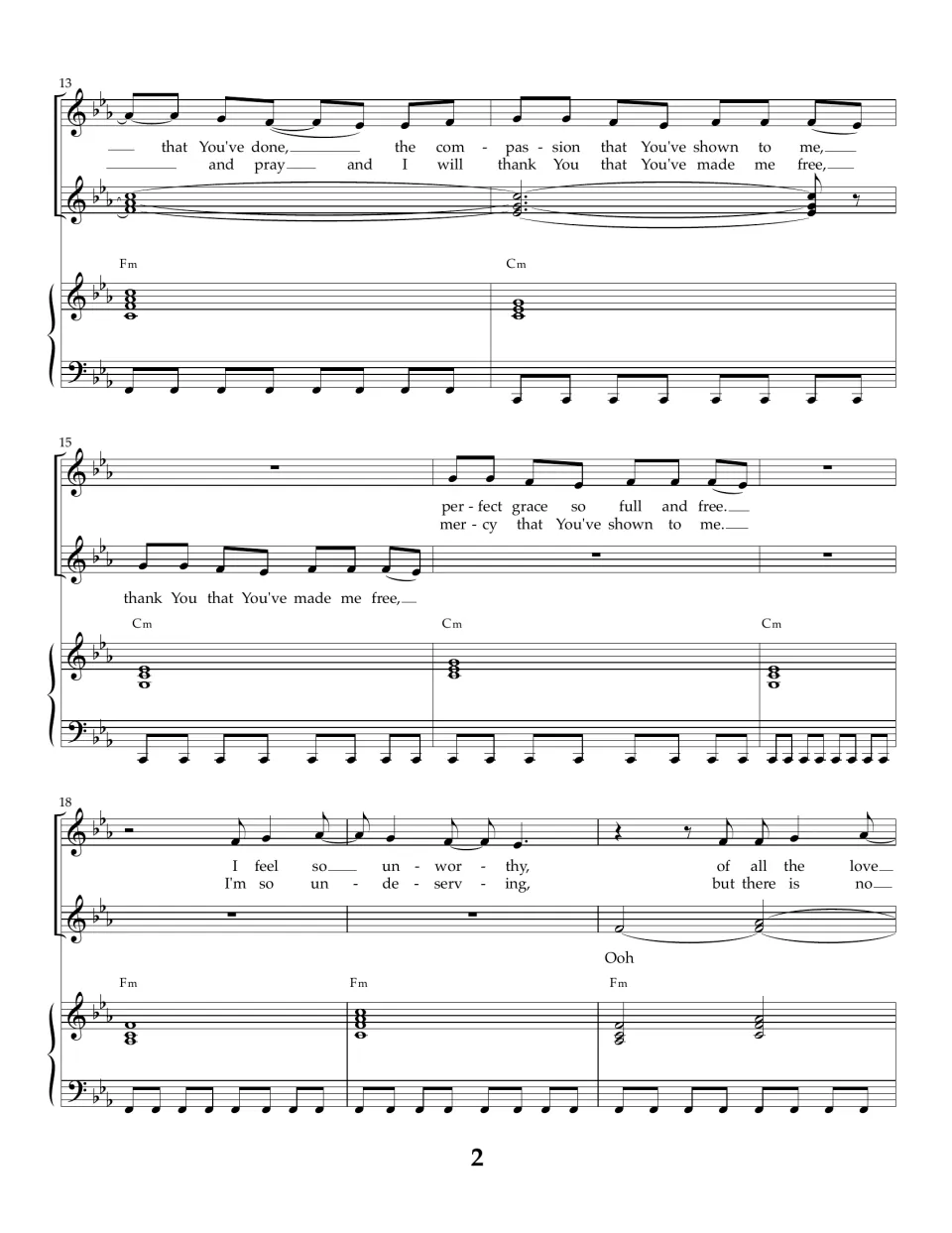 Verse continues in measures 13-20: two vocal lines sing about compassion and grace, "I feel so unworthy" begins