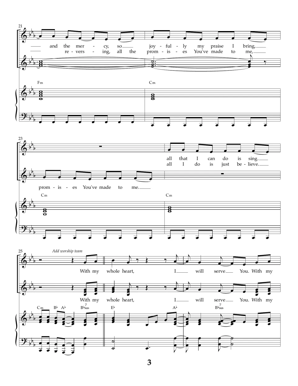 Verse ends in measures 21-27 with "all that I can do is sing"; worship team joins for the chorus in two vocal parts